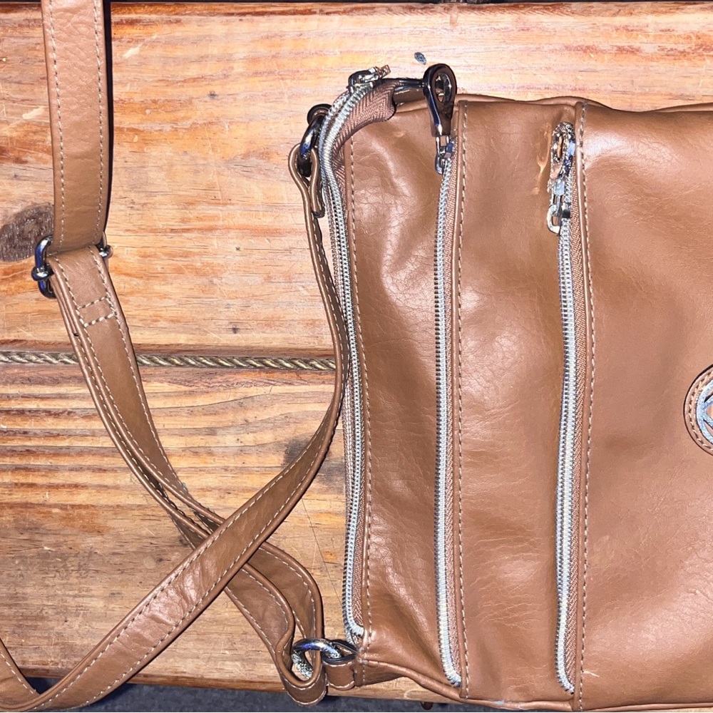 Relic Tan Crossbody Bag with Silver Zipper Details